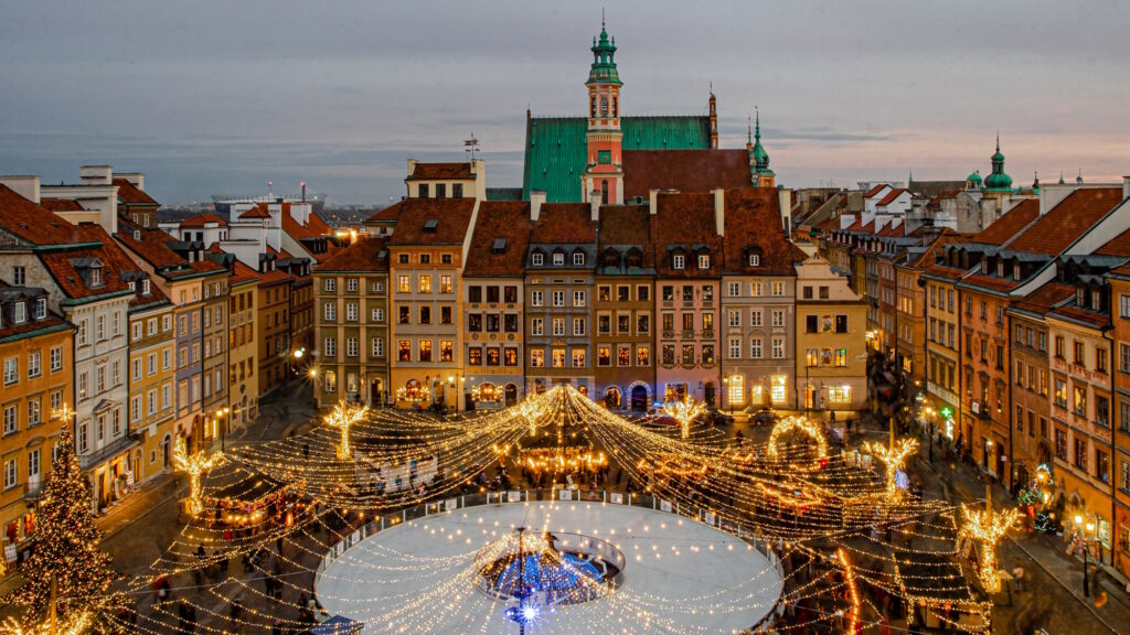 Aerial photo of a Christmas market in Warsaw, capital of Poland