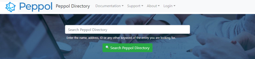 Screenshot of the homepage of the Peppol directory