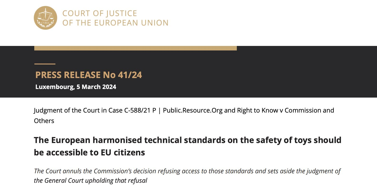 Screenshot of the judgment of the Court of Justice of the European Union in Case C-588/21 P about the accessibility of technical standards to EU citizens