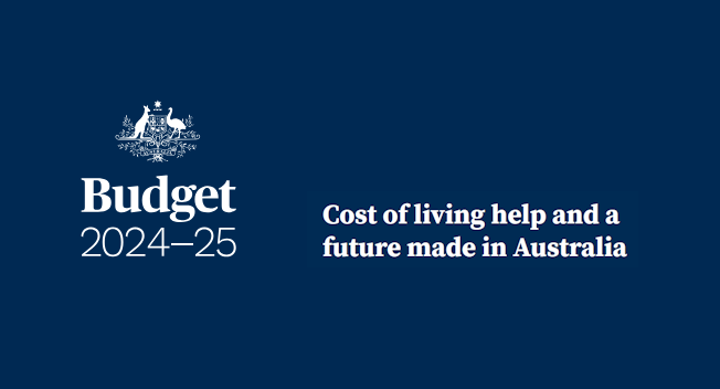 Australia Budget 2024-2025 logo with the tagline "Cost of living help and future made in Australia"