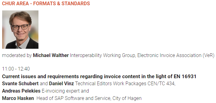 Screenshot from the eRechnungsgipfel in Berlin on June 10-11 where Michael Walther, co-founder of The Invoicing Hub, will attend and be the moderator of "Formats & standards in the light of EN 16931" session