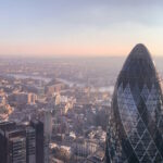 Aerial photo of London, capital of the United Kingdom, with the Gherkin building in front