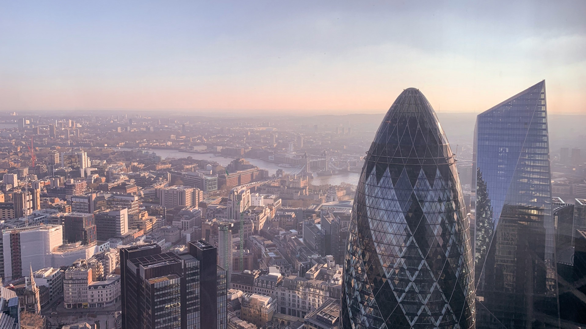 Aerial photo of London, capital of the United Kingdom, with the Gherkin building in front