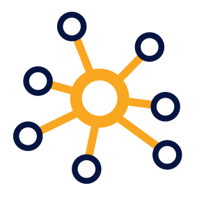 Network symbolized by 7 dark-blue circles all linked to a central yellow circle