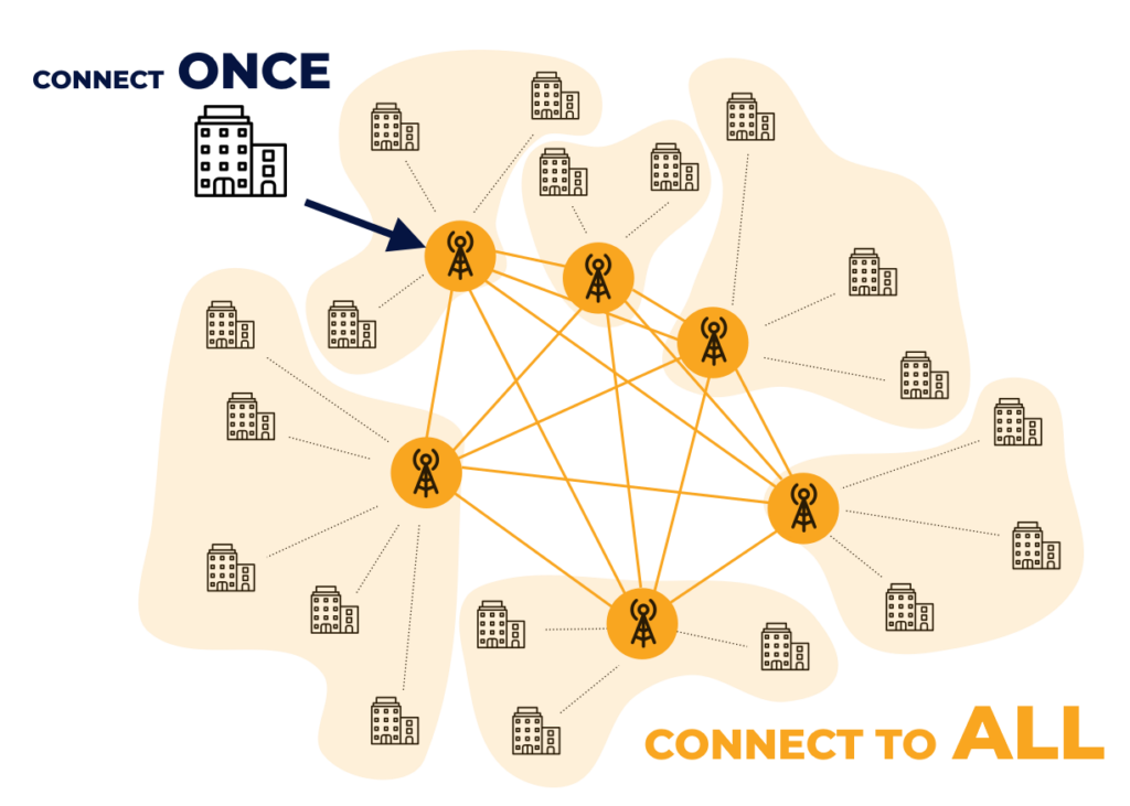 Schema illustrating the Connect once, Connect to All, with a single company connecting to a network of interconnected companies