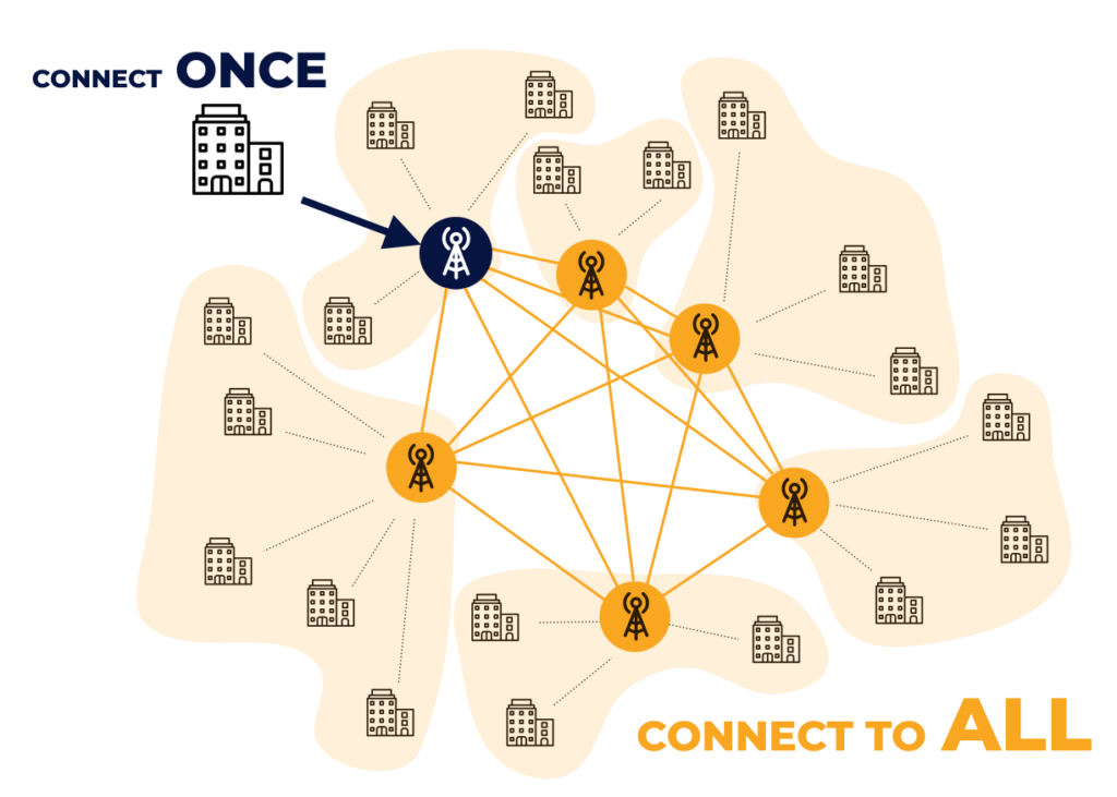 Schema illustrating the Connect once, Connect to All, with a single company connecting to a network of interconnected companies