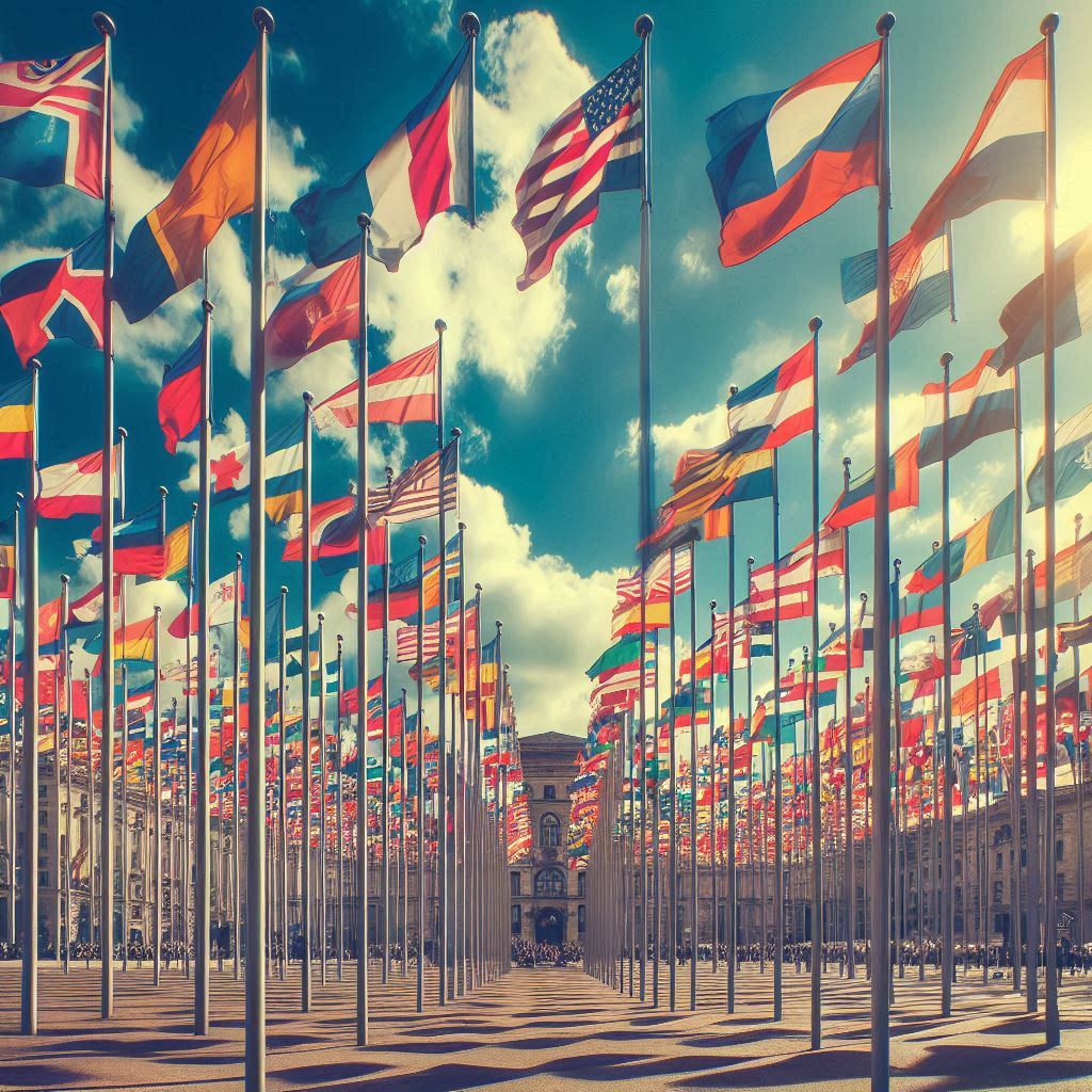 Lots of flags raised on a public place