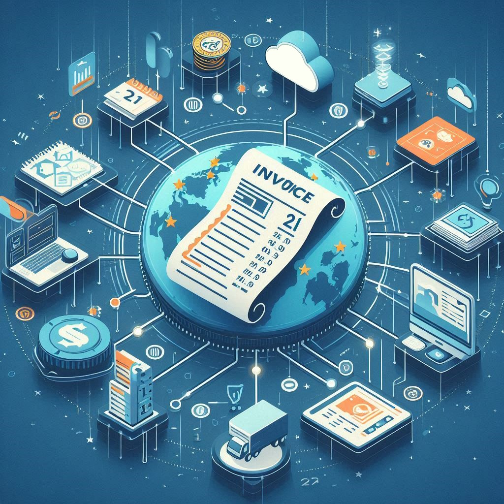 Illustration of an invoice gathering lots of information, over a world map