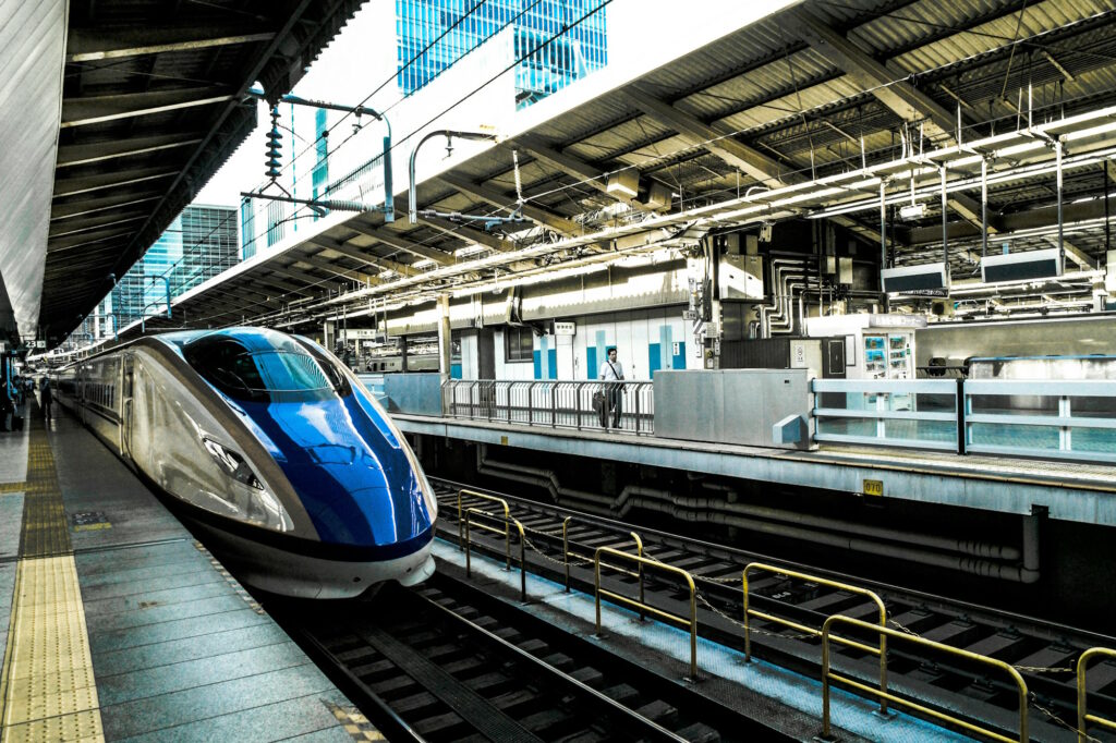 High speed train waiting inside a railway station