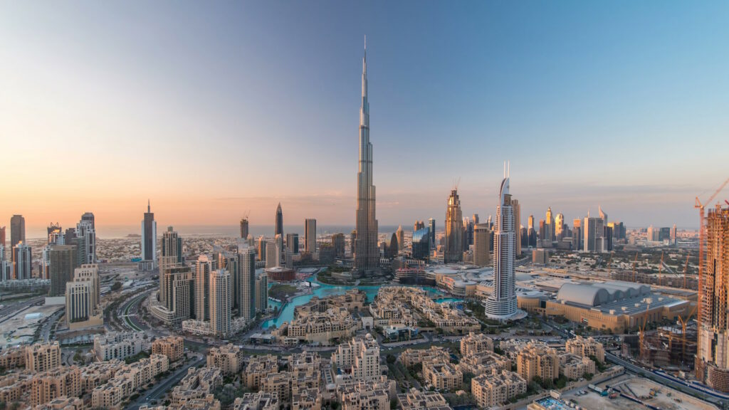 Panoramic photo of Dubai's skyline and Burj Khalifa