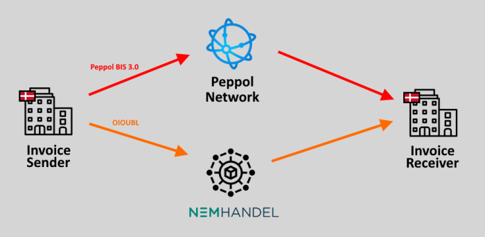 Schema of the Denmark e-invoicing landscape through the NemHandel platform and the Peppol network